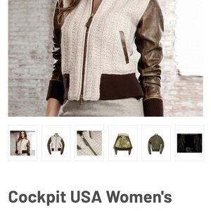 Women's Cream Knit Bomber Jacket with Brown Leather Sleeves